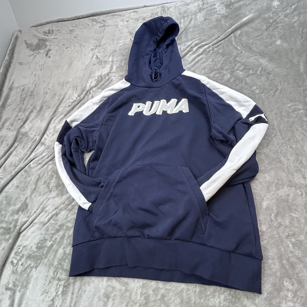 Puma Hoodie Men's L Blue Pullover Atheltic Sweatshirt Logo Pocket